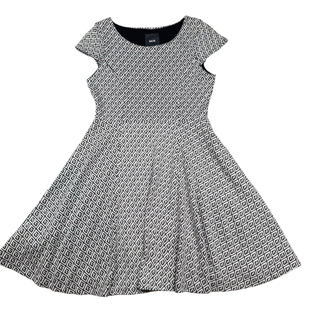 Maeve Anthropologie Dress Women M Fit & Flare‎ Black White Geometric Cap Sleeve
